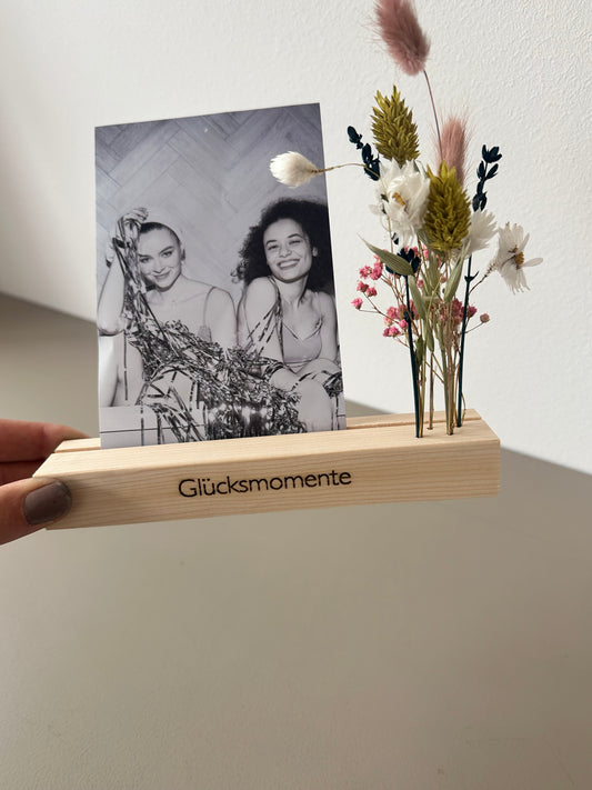Kartenständer Fotoständer Glücksmomente mit Trockenblumen aus Holz