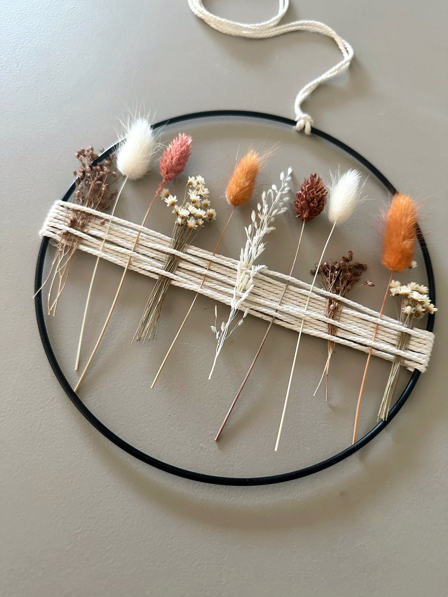 Metal ring with eucalyptus and beige, white dried flowers