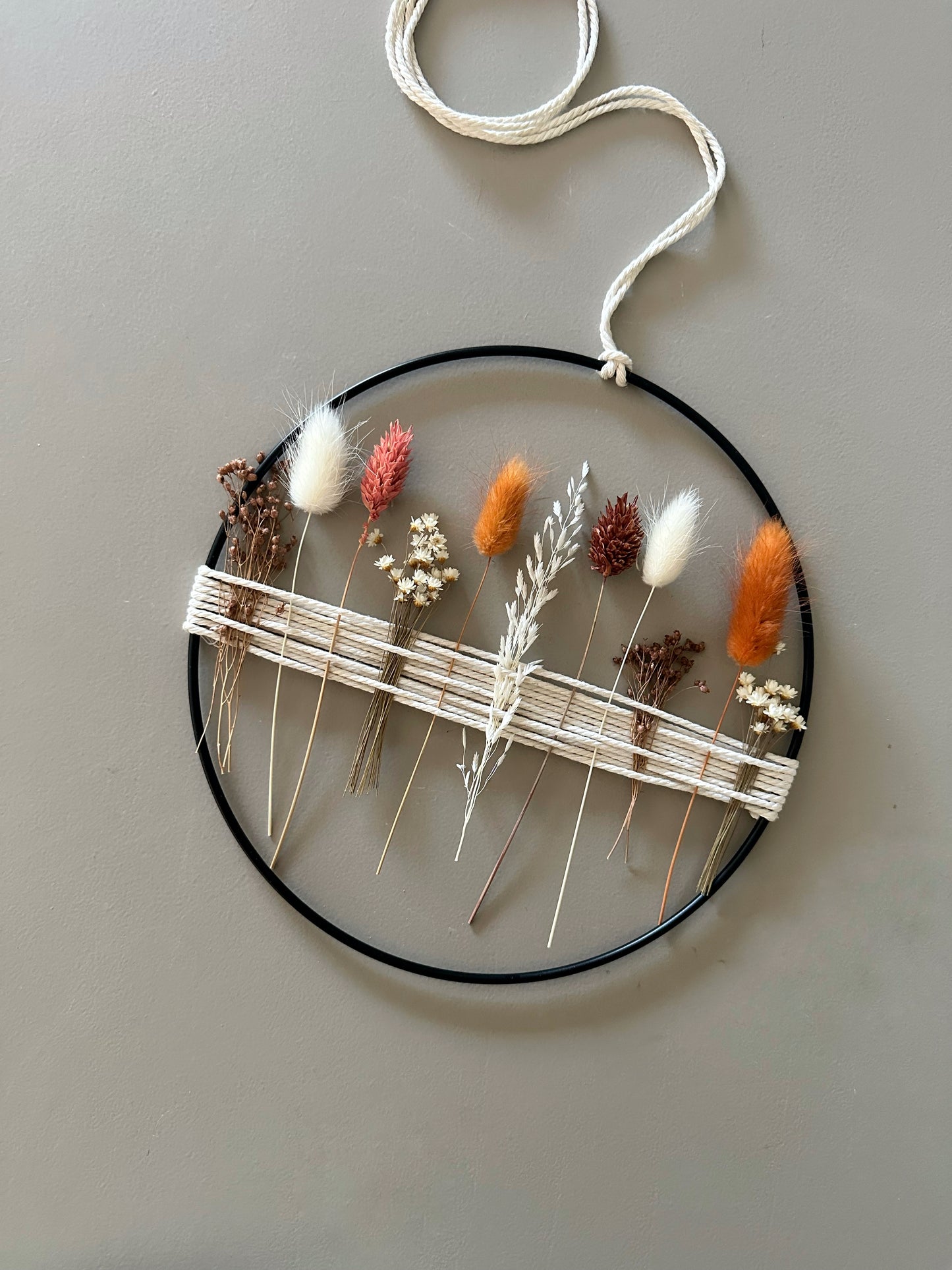 Metal ring with eucalyptus and beige, white dried flowers