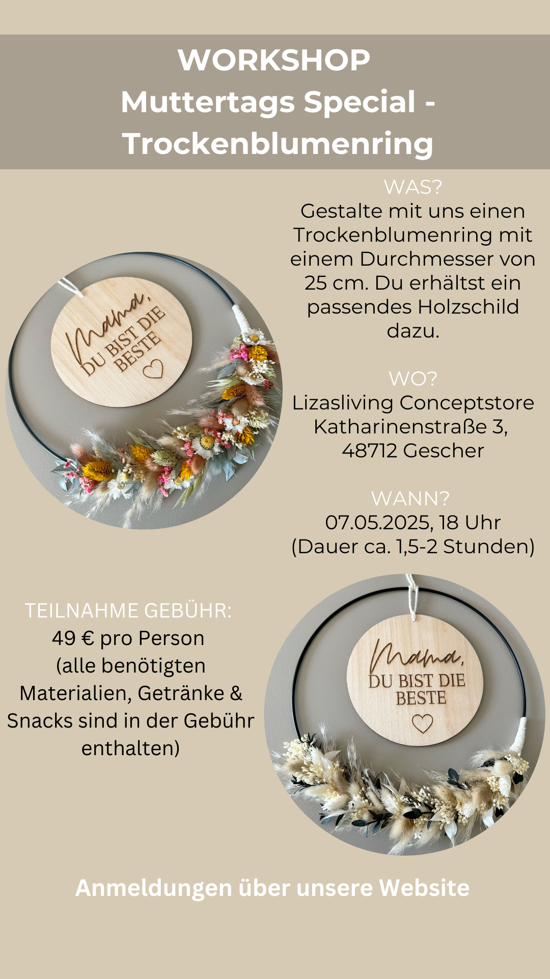 Workshop Muttertags Special - Trockenblumenring | 07.05.2025, 18-19:30 Uhr