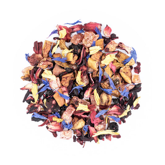 Früchtetee in dekorativer Verpackung mit liebevollem Spruch für Genießer