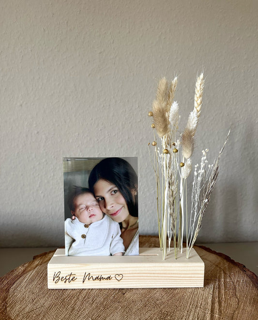 Blumenleiste und Foto-/Kartenhalter mit Trockenblumen | Beste Mama - Trockenblumen