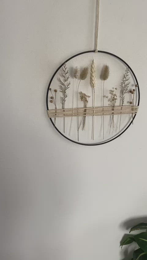 Metal ring with beige and white dried flowers