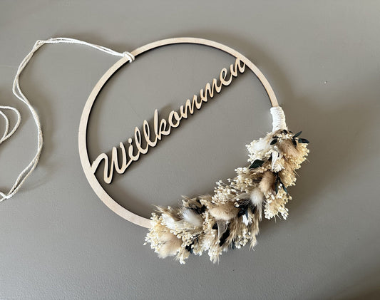 Holzkranz "Willkommen" mit oder ohne Trockenblumen - Trockenblumen