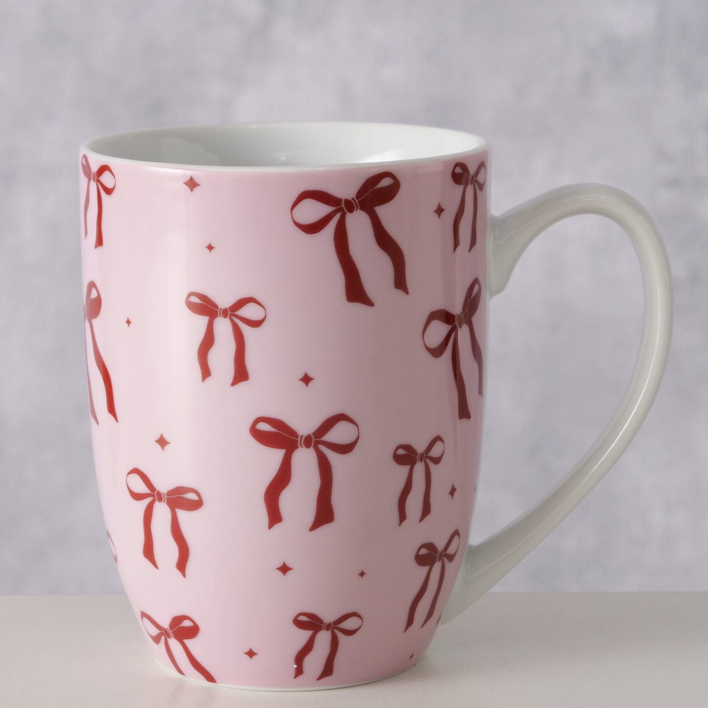 Handgefertigter Becher mit Schleifenmotiv, hellrosa/rot, 330 ml