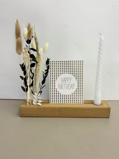 Blumenleiste mit Kerzenhalter aus Holz mit Trockenblumen und Fotohalter