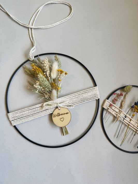 Metal ring with eucalyptus and beige, white dried flowers