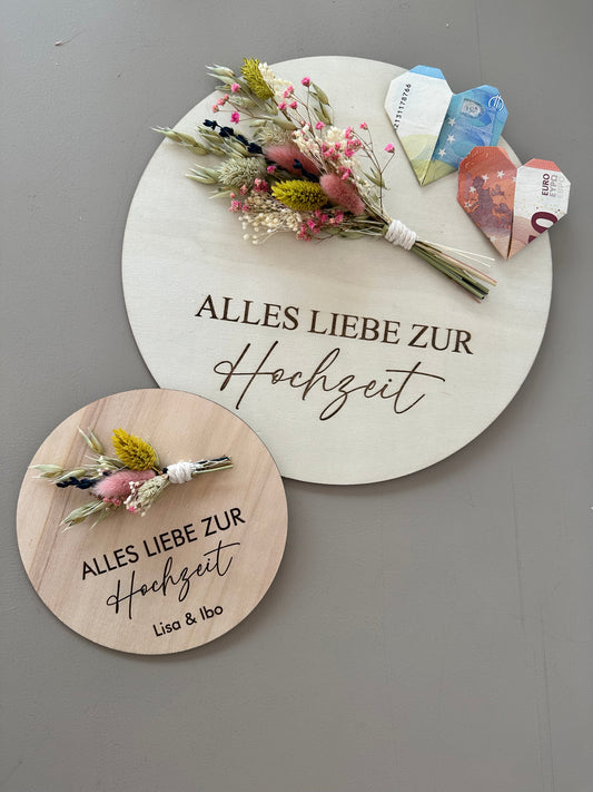 Holzschild mit Trockenblumenstrauß Alles Liebe zur Hochzeit | personalisiertes Geschenk zur Hochzeit