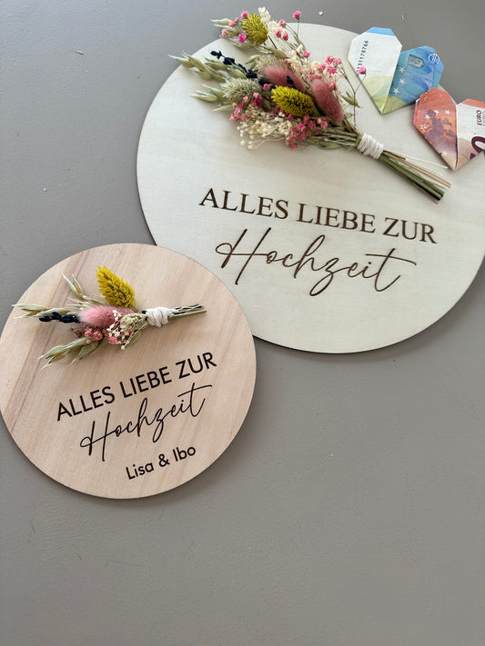 Holzschild mit Trockenblumenstrauß Alles Liebe zur Hochzeit | personalisiertes Geschenk zur Hochzeit