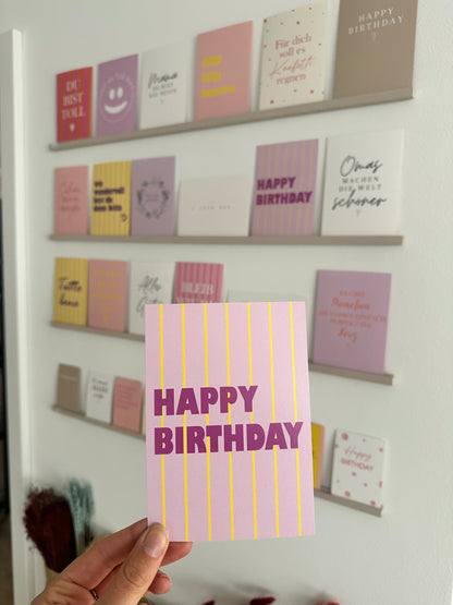 Postkarte happy birthday | lila gelb gestreift