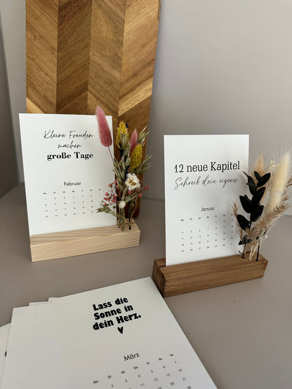 Tischkalender mit Aufsteller und Trockenblumen | Kalender 2027 | 12 Sprüche