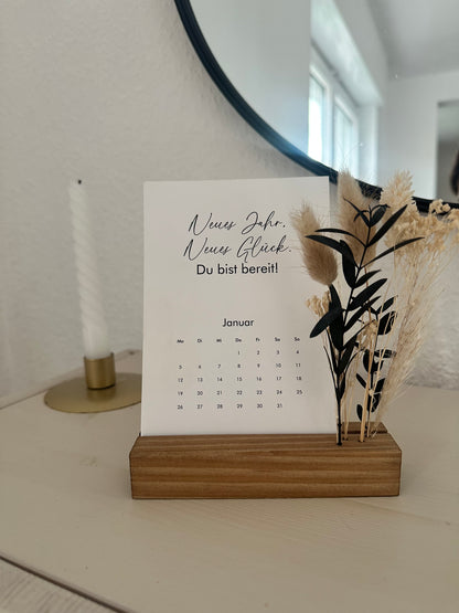 Tischkalender 2026 mit Aufsteller, Trockenblumen und Motivationskarten - 12 Sprüche in schwarz weiß