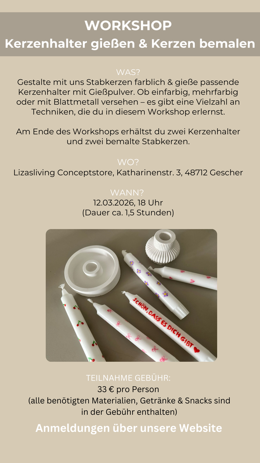 Workshop Kerzenhalter gießen & Kerzen bemalen | 12.03.2026, 18-19:30 Uhr