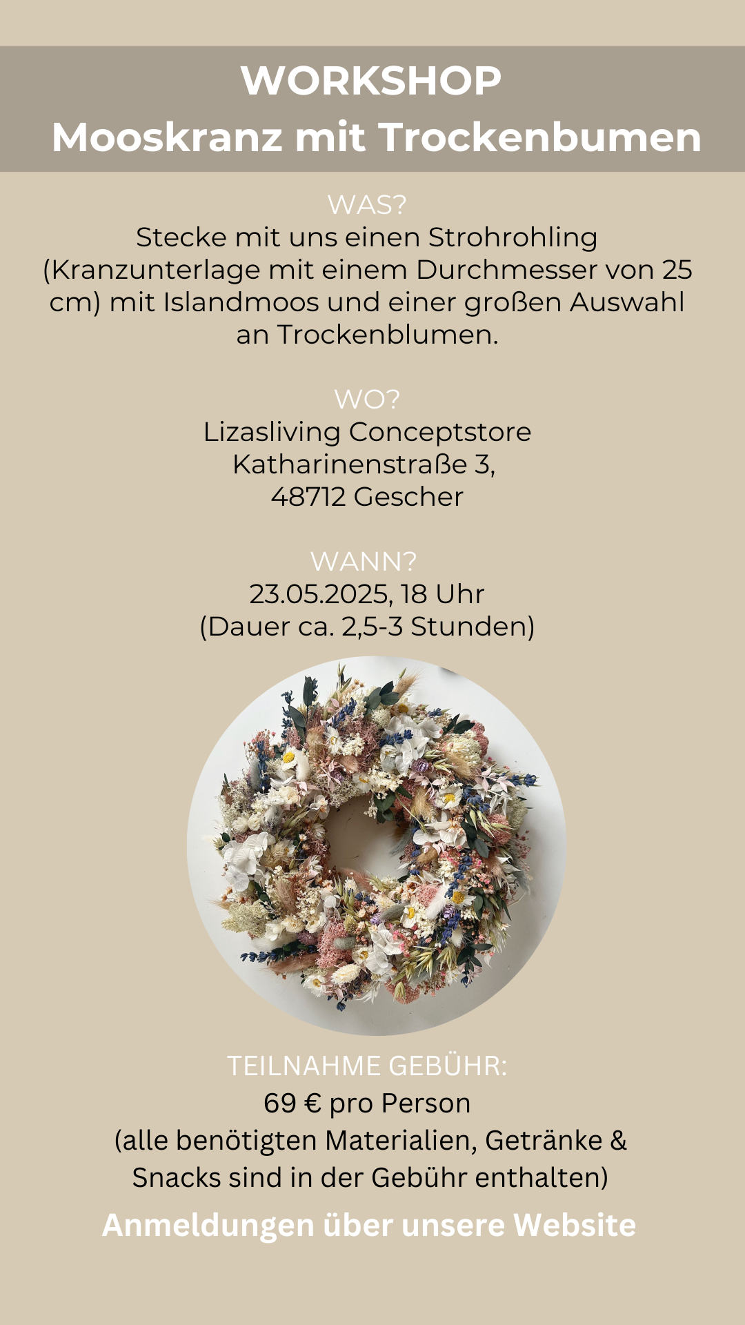 Workshop Mooskranz mit Trockenblumen | 23.05.2025, 18-21 Uhr