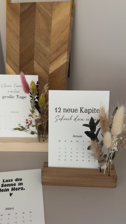 Tischkalender mit Aufsteller und Trockenblumen | Kalender 2027 | 12 Sprüche