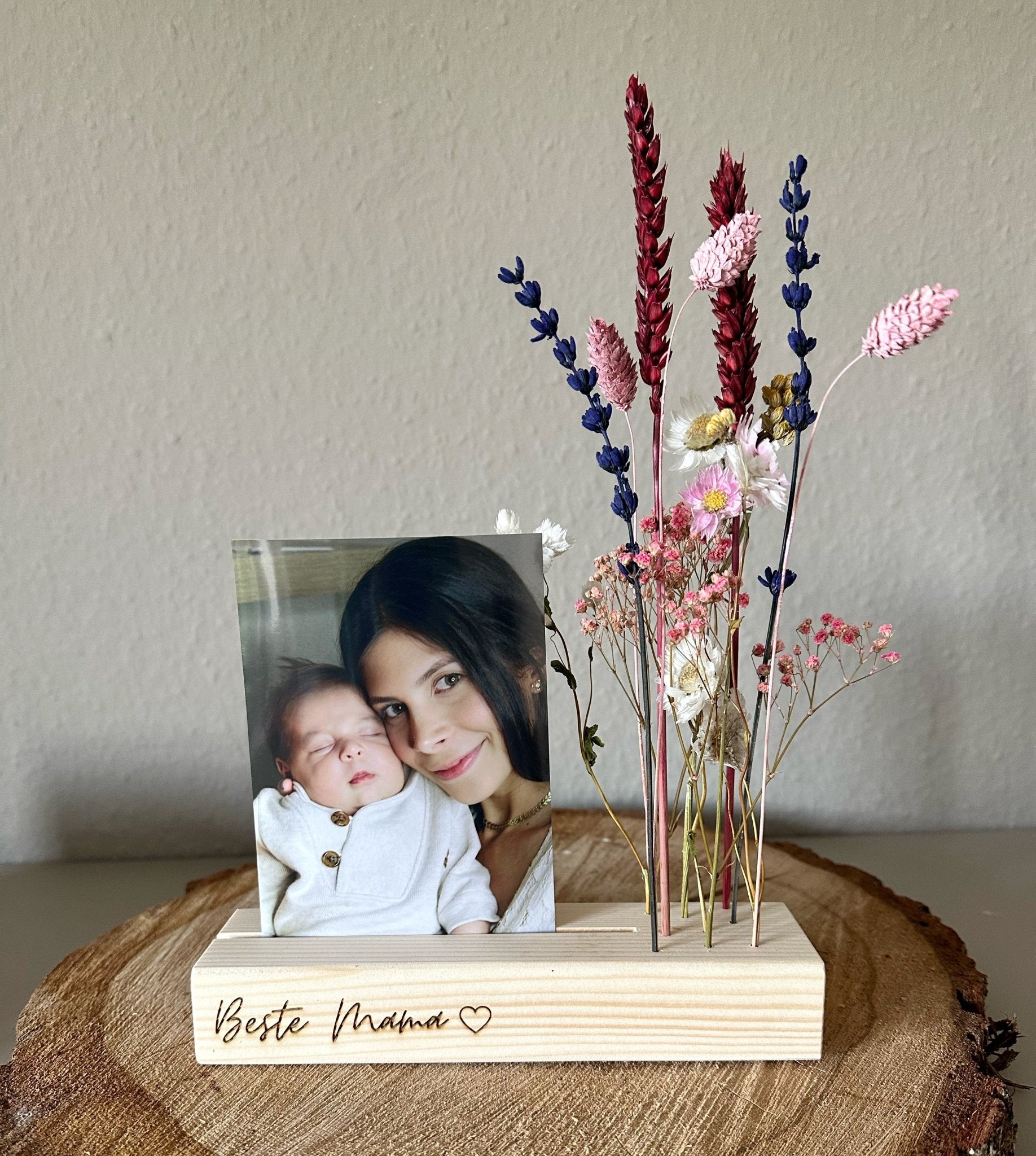 Blumenleiste und Foto-/Kartenhalter mit Trockenblumen | Beste Mama - Trockenblumen