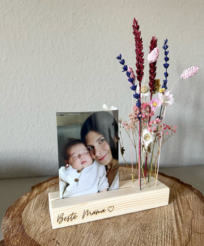 Blumenleiste und Foto-/Kartenhalter mit Trockenblumen | Beste Mama - Trockenblumen