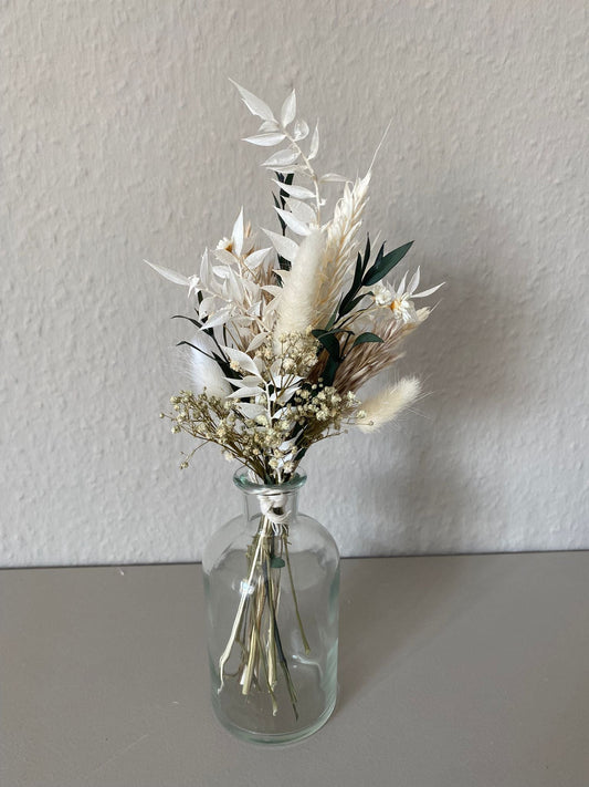 Kleiner Trockenblumenstrauß beige weiß grün - Trockenblumen